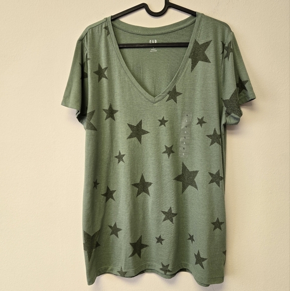Gap Favorite V-neck T-shirt Star Print olive Green L - Picture 3 of 8